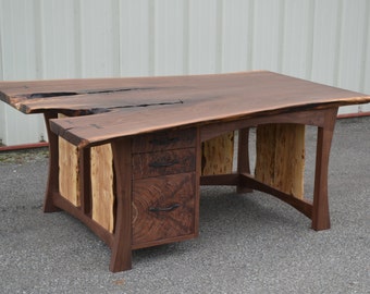 Live Edge Walnut Wood Reception Desk for Office -Handmade Work Table Desk with Three Drawers - Wooden Desk Table Office Desk Walnut Slab Top