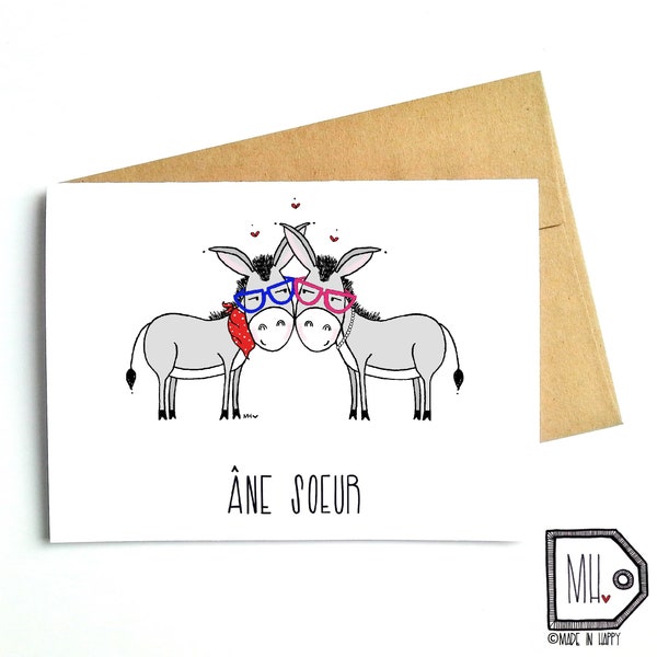 French card - love card - anniversary card - Valentines card - friend card - just because card - donkey illustration - âne soeur - soulmate