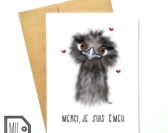 French card - thank you card - merci card - remerciement - thanks - merci - funny card - emu - merci je suis émeu