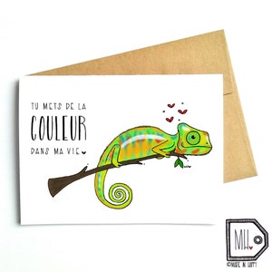 French card - love card - anniversary card - Valentines card - friend card - just because card - chameleon illustration - couleur
