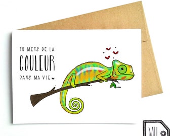 Carte française - carte d'amour - carte d'anniversaire - carte de Saint-Valentin - carte d'ami - carte just Because - illustration caméléon - couleur