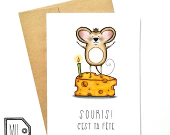 French card - birthday card - funny birthday card - Happy birthday card - funny card - mouse - souris - mouse illustration- mouse art