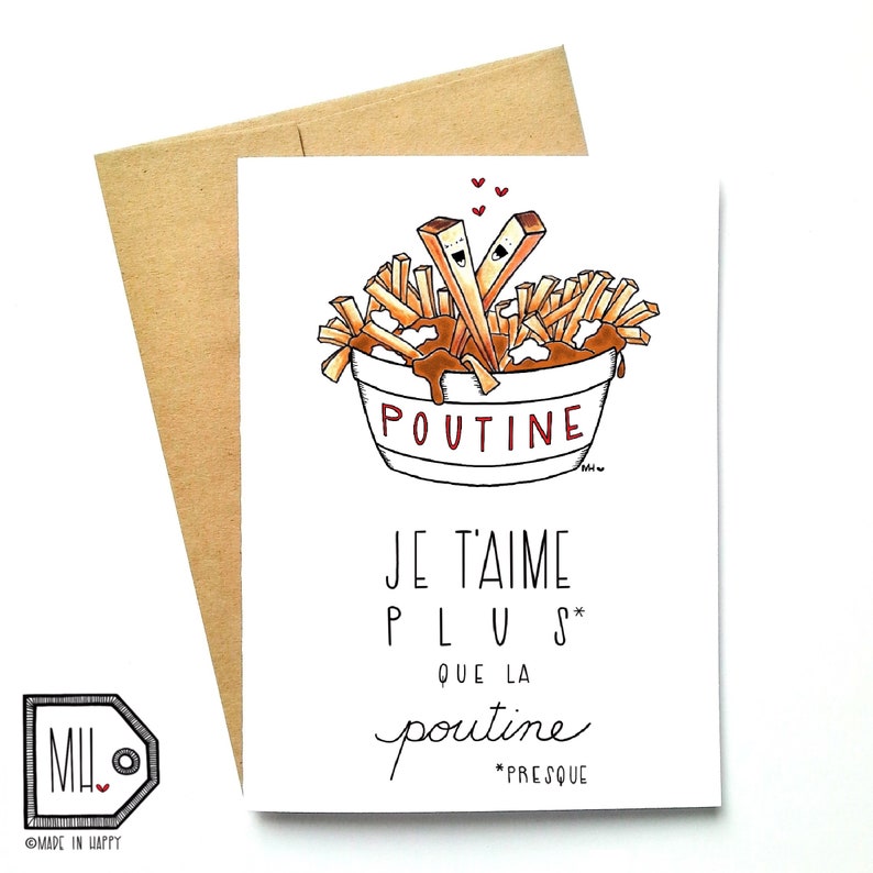 French card love card Valentines card Anniversary card funny card food card montreal je t'aime plus que la poutine image 1