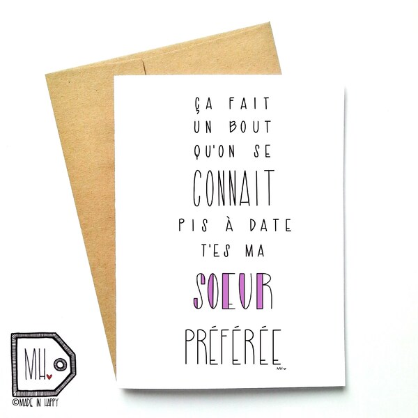 French card - funny sister card - card for sister - sister card - sister - sœur - my favorite sister -ma sœur préférée