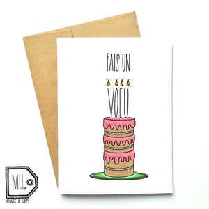 Carte française - carte d'anniversaire - carte de joyeux anniversaire - fais un vœu - illustration de gâteau - illustration de gâteau d'anniversaire - bougies d'anniversaire