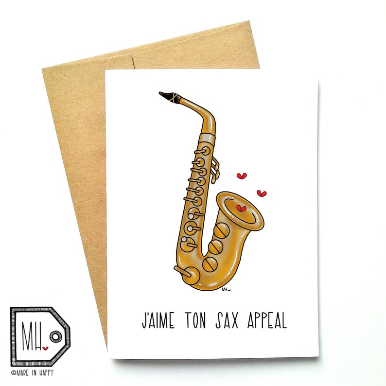 French card love card Valentines card Anniversary card funny card girlfriend card boyfriend card saxophone sax appeal image 1