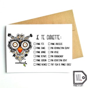 Carte française - carte personnalisée - carte personnalisable - remplissez le blanc - carte vierge - carte d'anniversaire - carte d'ami - carte d'amour - illustration de hibou