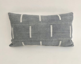 Custom Gray African Mud Cloth Textile Lumbar Pillow Mali Handwoven