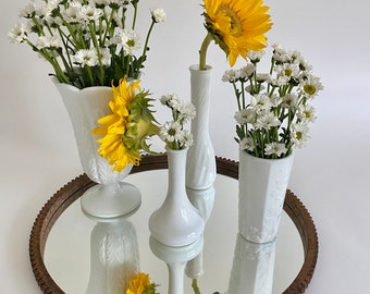 Vintage White Milk Glass Vases Grouping Assorted Sizes