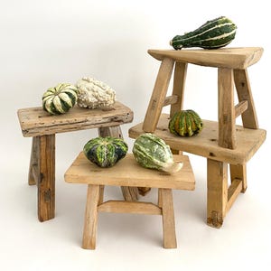 May include: Four rustic wooden stools with various sizes and shapes, each topped with a small gourd. The gourds are green, white, and a mix of green and white.