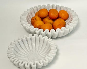 White Marble Fluted Bowl 12" Handcrafted