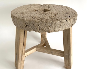 Rustic Elm Wood Wheel Side Table Recycled Modern Farmhouse