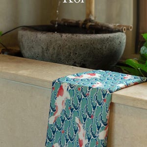 Koi Fish Cotton Fabric by Yard, Blue Wave Pattern, Asian Oriental Design, Lucky Carp Print, Quilting Cotton CH1000838