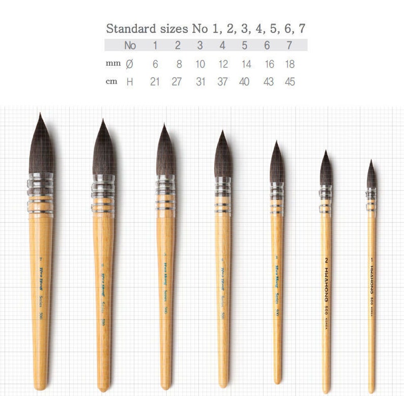 May include: Seven watercolor paint brushes with wooden handles and dark bristles are displayed. The brushes vary in size, with the largest measuring 18 mm in diameter and 45 cm in height. The image includes a size chart.