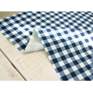May include: Blue and white gingham fabric with a white backing. The fabric is folded in half and the gingham pattern is visible on both sides.