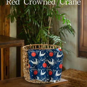Crane Bird Cotton Fabric by Yard, Navy Blue Asian Oriental Design, Red Sun Pattern, Traditional Bird Print, Quilting Cotton CH1000829