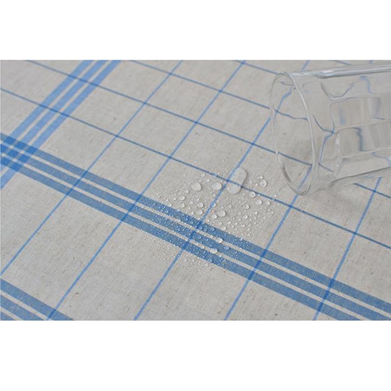 Laminated Fabric Linen Upholstery Coated Cotton Tablecloth Waterproof fabric Laminated Cotton Linen Wedding Check French blue IL352 image 2