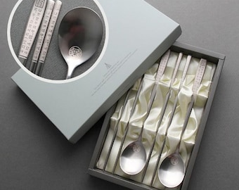 Juego de palillos y cucharas coreanos: Sujeo de acero inoxidable, diseño Hangeul