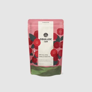 May include: A pink pouch with a green and red floral design. The pouch features the text "OSULLOC" and "Camellia Forest Tea" in black and white.