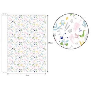 May include: A white fabric with a repeating pattern of colorful flowers, leaves, and birds. The fabric is 90 inches wide and 115 inches long.