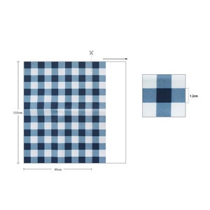 May include: A blue and white checkered fabric with a 90cm by 152cm size. A close-up of the fabric shows a 1.2cm square pattern.