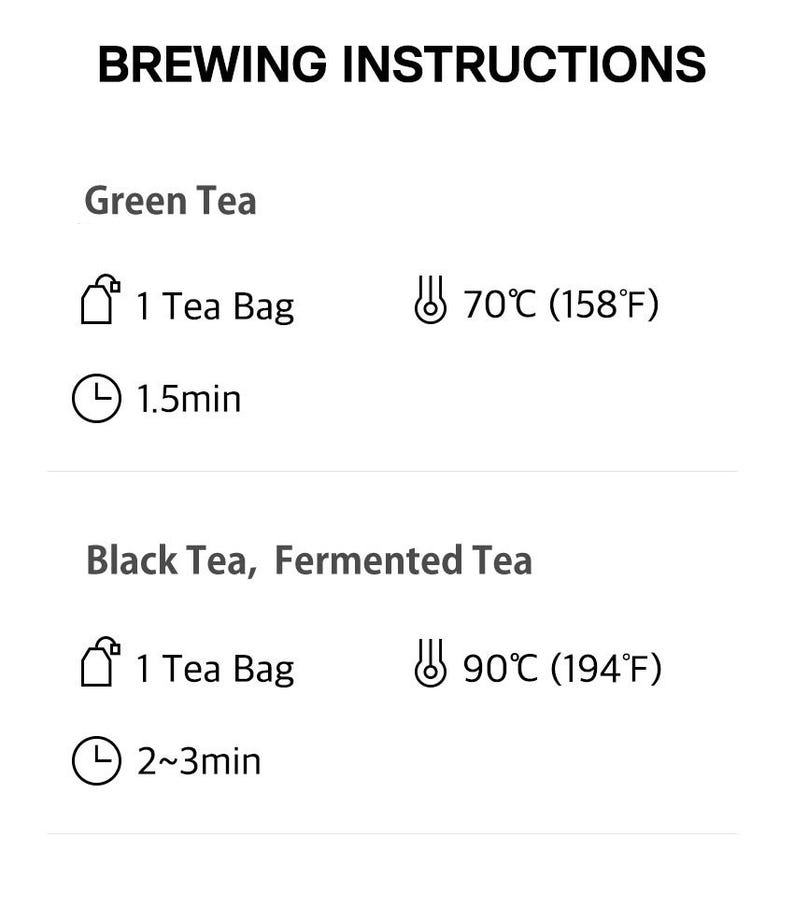 May include: White text on a white background provides brewing instructions for green and black tea. The instructions include the amount of tea, water temperature (70&deg;C/158&deg;F and 90&deg;C/194&deg;F), and brewing time (1.5 and 2-3 minutes).