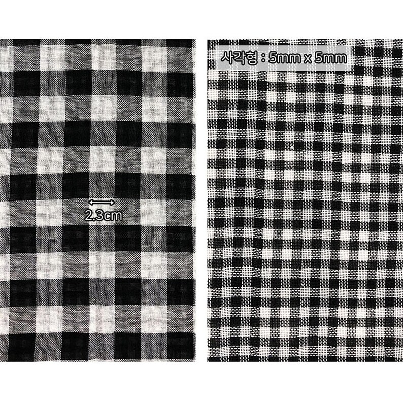 May include: Black and white gingham fabric with a 2.3 inch square pattern. The fabric is woven with a subtle texture. The text in the image reads "사각형: 5mm x 5mm".