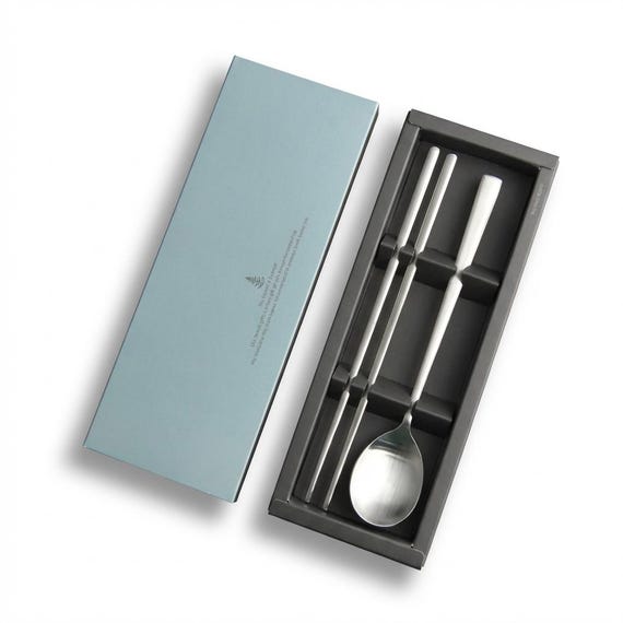 Korean Sujeo Spoon & Chopsticks Set, SUS304 Stainless Steel, Silver, Flatware Gift