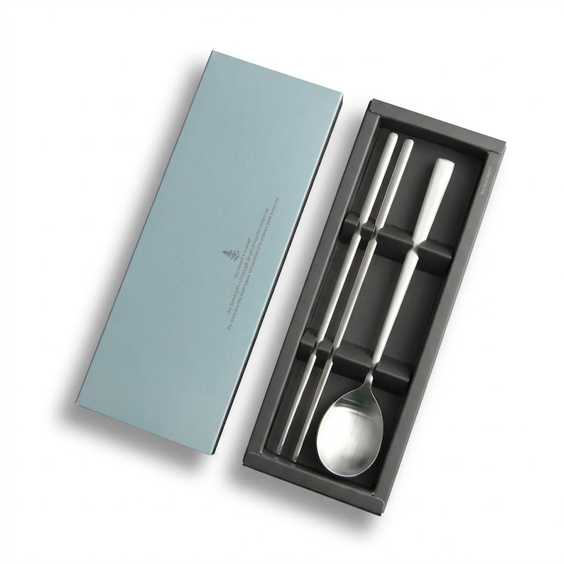 Korean Sujeo Spoon & Chopsticks Set, SUS304 Stainless Steel, Silver, Flatware Gift image 1