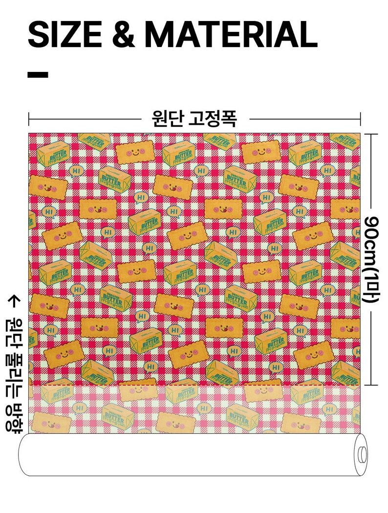 May include: A fabric roll with a repeating pattern of smiling butter boxes on a red and white checkered background. The fabric is 90cm (35.4 inches) wide. The text "SIZE & MATERIAL" is at the top.