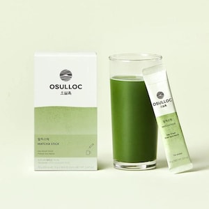 May include: A box of Osulloc Matcha Stick tea powder with a glass of green matcha tea and a single serving packet. The box is white with green accents and the text "Osulloc" and "Matcha Stick" in black. The single serving packet is white with green accents and the text "Osulloc" and "Matcha Stick" in black.