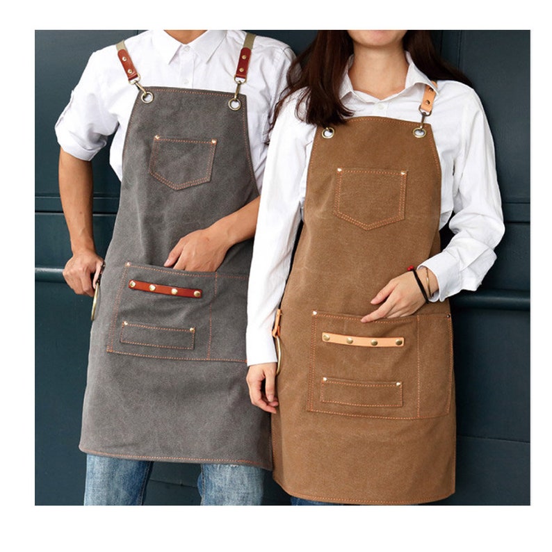 Canvas Apron with Pockets Hook Cross Back Adjustable for Women and Men Kitchen Cooking, Chef, Artist, Florist, Barista, gardening Aprons image 1