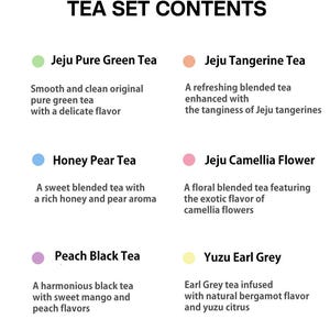 May include: Text on a white background reads "TEA SET CONTENTS" above descriptions of six tea varieties. The teas include Jeju Pure Green Tea, Jeju Tangerine Tea, Honey Pear Tea, Jeju Camellia Flower, Peach Black Tea, and Yuzu Earl Grey.