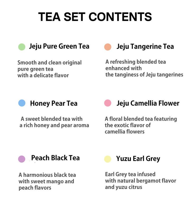 May include: Text on a white background reads "TEA SET CONTENTS" above descriptions of six tea varieties. The teas include Jeju Pure Green Tea, Jeju Tangerine Tea, Honey Pear Tea, Jeju Camellia Flower, Peach Black Tea, and Yuzu Earl Grey.