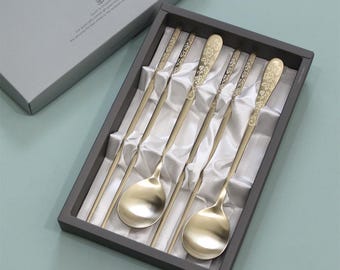Korean Gold Chopsticks and Spoon Set, Stainless Steel Sujeo Gift