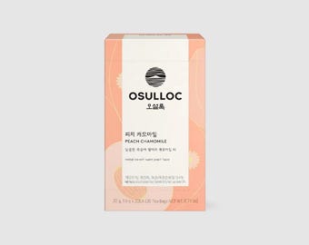 May include: A box of Osulloc Peach Chamomile herbal tea bags. The box is pink and white with a peach design. The text on the box reads "Osulloc" and "Peach Chamomile". The box contains 20 tea bags, each weighing 1.1 grams. The net weight of the tea bags is 0.71 ounces.