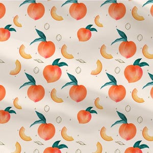 May include: A repeating pattern of watercolor peaches, peach slices, and leaves on a cream background. The peaches are a vibrant orange-red with green leaves. The design includes small seed and leaf outlines.