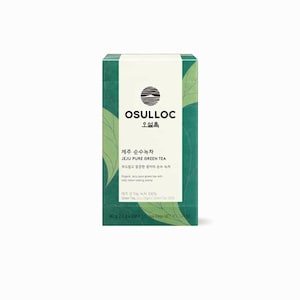 May include: A green box of Osulloc Jeju Pure Green Tea. The box features a green and white logo with the text "OSULLOC" and "오설록" in Korean. The text "제주 순수녹차" and "JEJU PURE GREEN TEA" is also on the box. The box is 40g and contains 20 tea bags.
