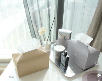 Beige Urethane Leather Tissue Box Cover, Rectangular Case