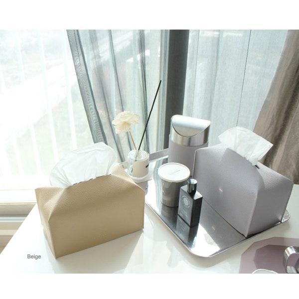 Urethane Leather Tissue Box Cover / Tissue Case Cover Tissue Holder / Rectangular Tissue Box Cover / Facial Tissue Box Holder / Beige Color