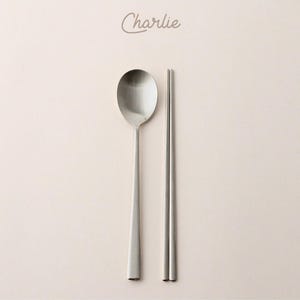 May include: A set of silver chopsticks and a spoon. The spoon has a rounded bowl and a long, slender handle. The chopsticks are thin and have a smooth finish.