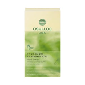 Puede incluir: Una caja rectangular de té en polvo Osulloc Jeju Matcha Oat Blend. El envase es de color verde claro y crema con un logotipo circular, el texto 'JEJU MATCHA OAT BLEND', un símbolo vegano y un peso neto de 200g, con 10 sobres de polvo.