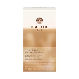 May include: A rectangular box of Osulloc Jeju Hojicha Milk Tea. The packaging features a gradient from white to brown with a circular logo at the top. Text includes Jeju Hojicha Milk Tea, 200g (850 kcal), and 20g x 10 EA (10 sticks).