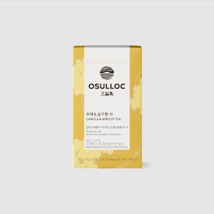 May include: A yellow box of Osulloc Canola & Apricot Tea. The box features a white circle with black text that reads "OSULLOC" and "오설록". The text "유채&살구향 티" and "CANOLA & APRICOT TEA" is also on the box in black text. The box is 30g, 15g x 20EA, 120 Tea Bags, NET WT: 1.06 oz.