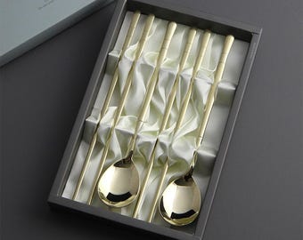 Korean Chopsticks Spoon Set, Gold Metal Sujeo Gift
