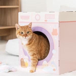 Casa rascadora para gatos con lavadora rosa - Bonito mueble de cartón para gatos - Casa de juegos y cueva - Escondite para mascotas - Regalo único para gatos