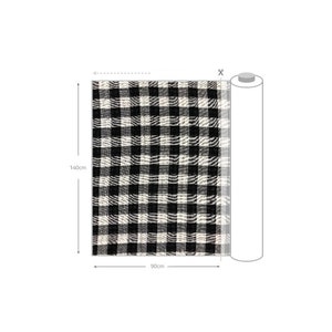 May include: A roll of black and white checkered fabric, measuring 90 inches by 140 inches.