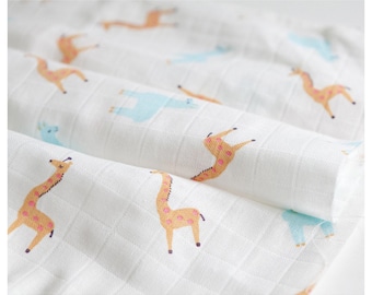 100% Cotton Double Gauze Fabric for babies by the yard Baby blanket dress projects fabric wide 59" _Llama & Giraffe _ YO1360053