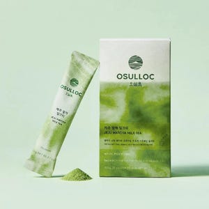 May include: A box of Osulloc Jeju Matcha Milk Tea with a single serving packet. The box is green with a watercolor-like design and the text "Osulloc" and "Jeju Matcha Milk Tea" in Korean and English. The packet is green and white with the text "Jeju Matcha Milk Tea" in Korean and English.