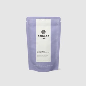 May include: A purple pouch with a white label that says "OSULLOC" and "Peach Papaya Black Tea". The pouch contains tea bags.